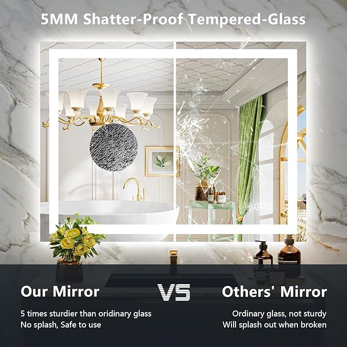 50x32 Inch LED Bathroom Mirror with Lights Front and Backlit Lighted Vanity Mirror for Bathroom Wall with 3 Colors Dimmable Anti-Fog Memory Shatter-Proof IP54 Waterproof Horizontal/Vertical
