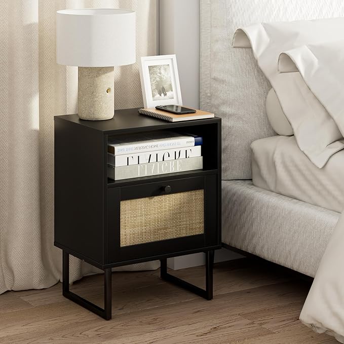 Masupu Rattan Nightstand,Boho Night Stand Modern Farmhouse Wood Bedside Table with Storage Drawer and Open Shelf,Side End Table for Bedroom,Living Room,Office Black