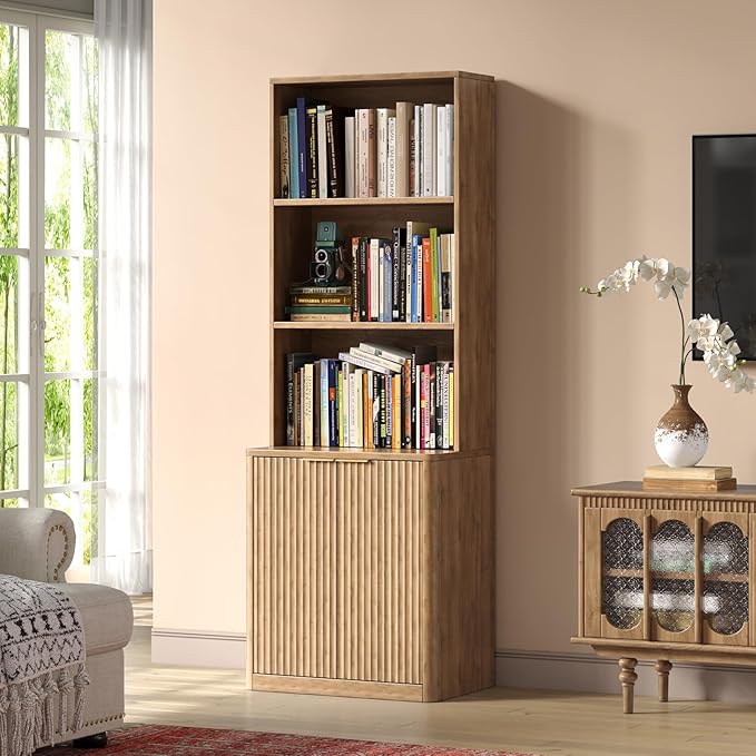 71" Oak Bookcase with Doors, 5-Tier Fluted Tall Bookshelf with Storage, Librero with Cabinet for Home Office, Living Room,or Bedroom