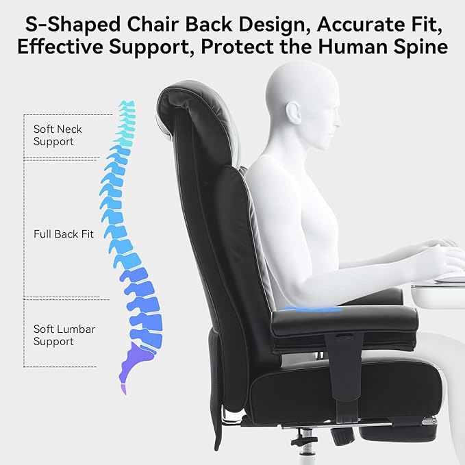 Efomao Ergonomic Office Chair 450LBS with Foot Rest, High Back PU Leather Executive Office Chair with Adjustable Armrests, Lumbar Support for Home or Work, Computer Chair, Black