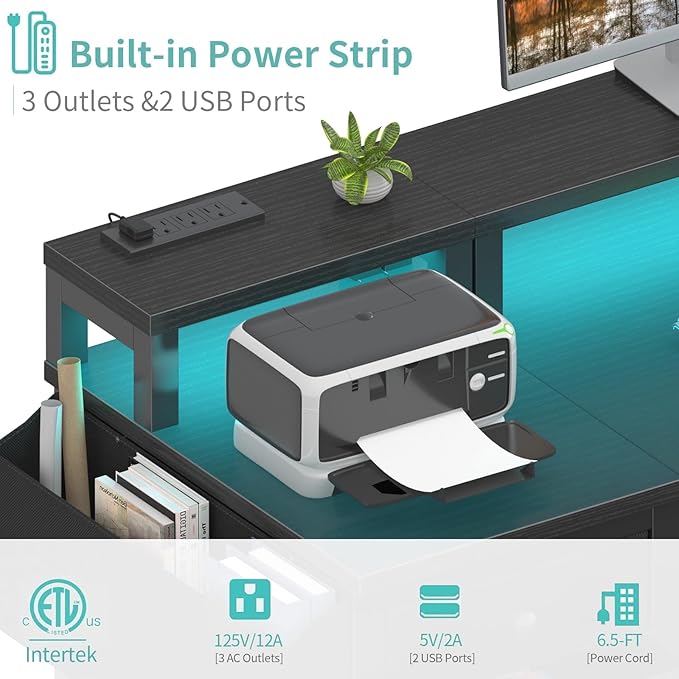 Lufeiya Gaming Desk with LED Lights and Power Outlets, 47 inch Computer Desk with Fabric Drawers, Reversible Home Office Desk with Monitor Stand, Black