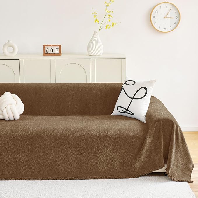 hyha Couch Cover for Dogs, Boho Sofa Covers for 3 Cushion Couch Washable, Chenille Sofa Slipcover for Pets, Soft Loveseat Sectional Couch Throw Blankets with Tassels (Chocolate, 71x134 Inch)