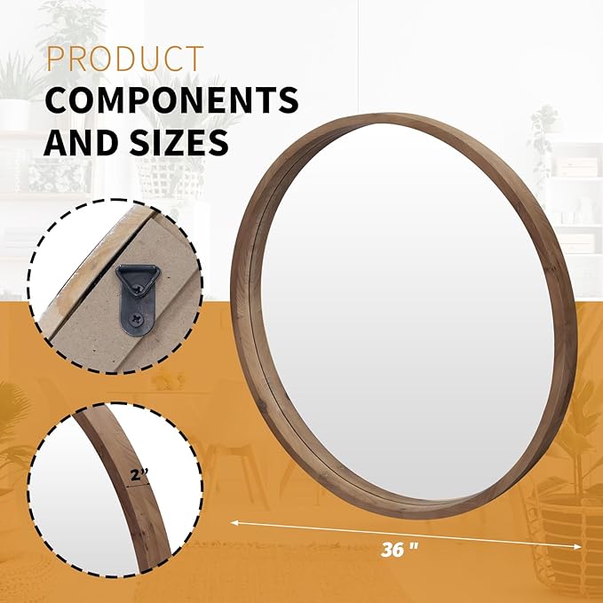 36" Bathroom Mirror, Round Wall Mirror with Wood Frame, Farmhouse Mirror for Wall Decor, Wall-Mounted Mirror for Bedroom, Living Room, Brown