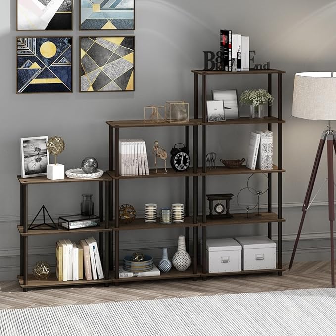 Furinno Turn-N-Tube 4-Tier Multipurpose Shelf Display Rack, Round Tubes, Walnut/Brown