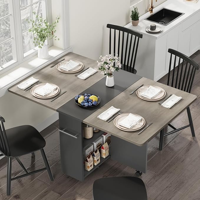 GarveeHome Folding Dining Table, Space Saving Farmhouse Dining Table for 4 Storage Shelf, 6 Wheels Multipose Expandable Kitchen Drop Leaf Table for Small Space (Carlo Grey, 47.2"D x 23.6"W x 29.5"H)