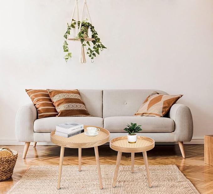 Round Coffee Table Set of 2, Natural Boho Side Table, Small Mid Century Modern Rattan End Tables for Living Room Bedroom Office