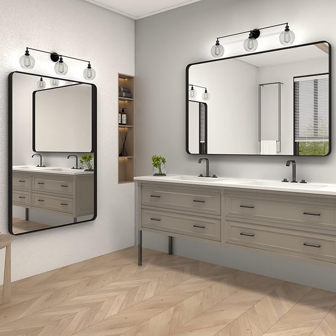 CHAMROR 55x36 Inch Black Metal Framed Bathrrom Mirror for Wall, Black Rounded Rectangle Mirror, Matte Black Bathroom Vanity Mirror, Anti-Rust, Tempered Glass, Hangs Horizontally or Vertically