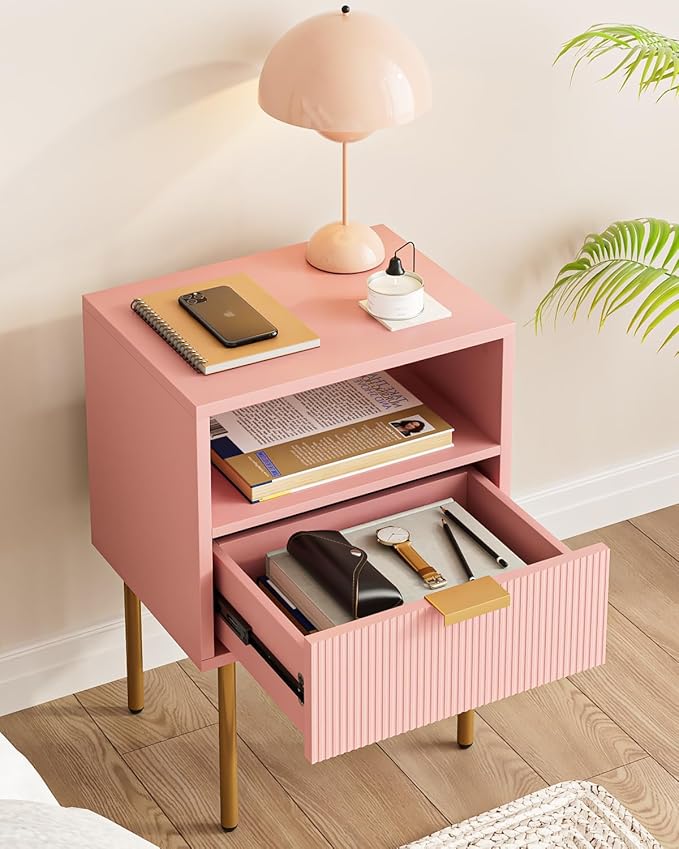 Nightstand,Morden Bedside Table with Gold Frame,Small White Night Stand,End Table,Bedside Furniture,Side Table with Drawer and Shelf for Bedroom,Living Room (1Drawer, Pink)