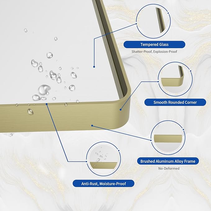 WEER Gold Bathroom Mirror, 72X36 Inch Brushed Gold Metal Frame Mirror, Rounded Rectangle Gold Bathroom Vanity Mirror for Wall, Tempered Glass, Anti-Rust, Hangs Horizontally or Vertically