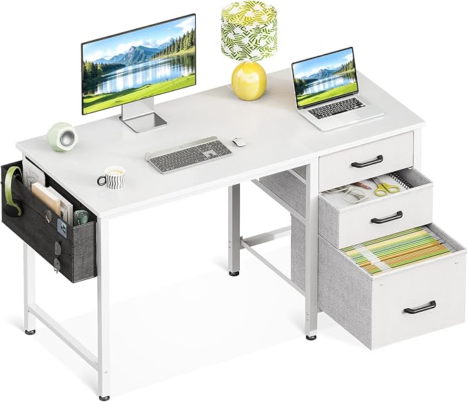 Casaottima 40 Inch Small Home Office Computer Desk for Bedroom with Fabric Drawers & File Cabinet, Cloth Storage Bag and Hook, Writing Study Work Desk for Small Space, Snow White