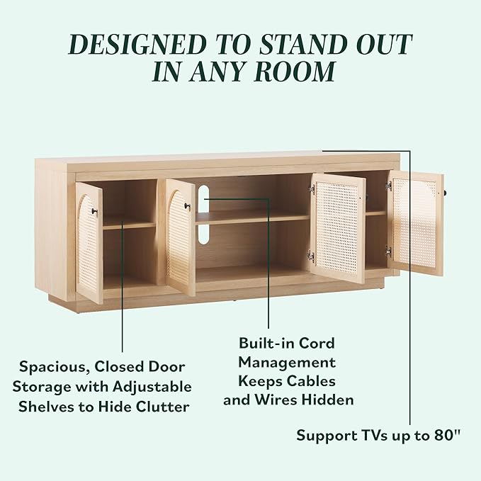 Walker Edison Sasha 4-Door Sideboard Buffet with Arched Rattan Panels, 70 Inch, Coastal Oak