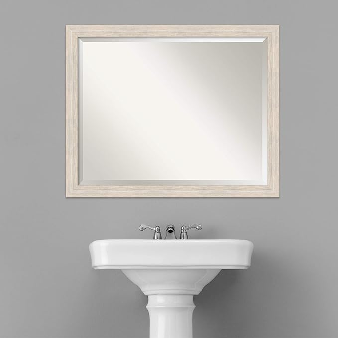Amanti Art White Bathroom Mirror for Over Sink, 25x31 Hardwood White Wash Narrow Rectangle Vanity Mirror, Large Rustic Farmhouse Wood Frame, Hangs Horizonally and Vertically, Bathroom Wall Decor