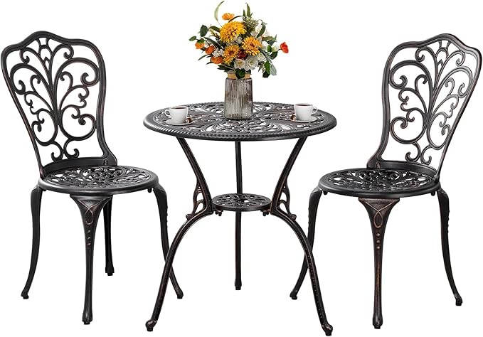 Outdoor Bistro Set 3 Piece Patio Bistro Set with Umbrella Hole, Weather Resistant Bistro Table and Chairs Set of 2 for Porch Garden, Bronze