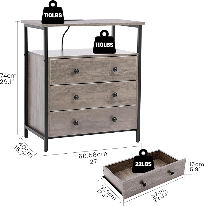 3 Wooden Drawers Night Stand, 27 Inch Wide Nightstand with Charging Station and Adjustable Drawers, Bedside Table for Living Room/Bedroom/Office, Gray.