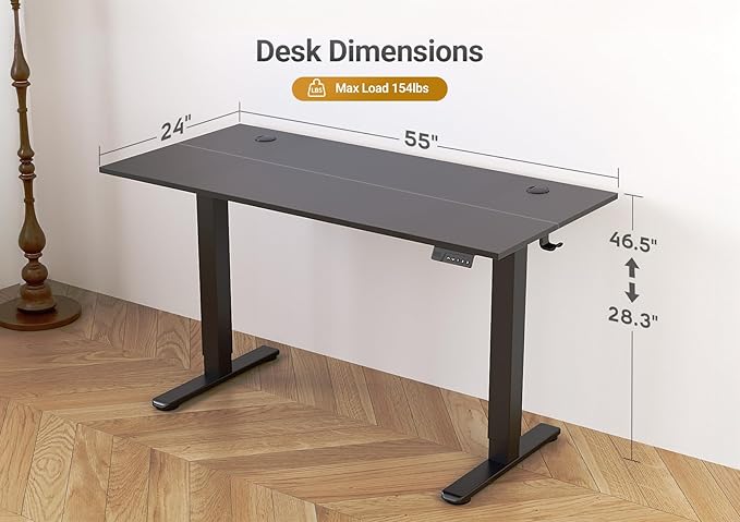 Seang Electric Standing Desk Adjustable Height, 55 x 24 Inch Sit Stand Desk with T-Shaped Frame, 3 Memory Presets & Cable Management for Home Office Computer Workstation, Black Frame/Black Top