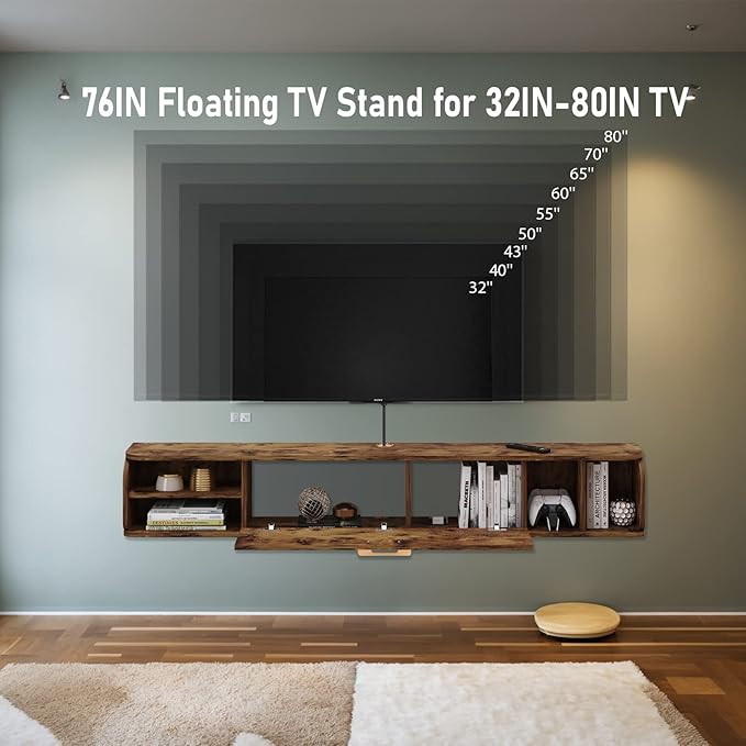 Floating TV Unit, 76'' Wall Mounted TV Cabinet, Floating Shelves with 4 Cabinets, Wood Entertainment Media Console Center Large Storage TV Bench for Living Room & Office (Rustic Brown)