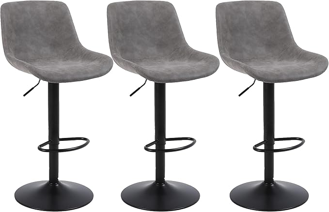 Bar Stools, Swivel Counter Height Barstools with Back, Adjustable Modern Bar Chairs, Tall Armless PU Leather Kitchen Island Stool (Grey, Set of 3)