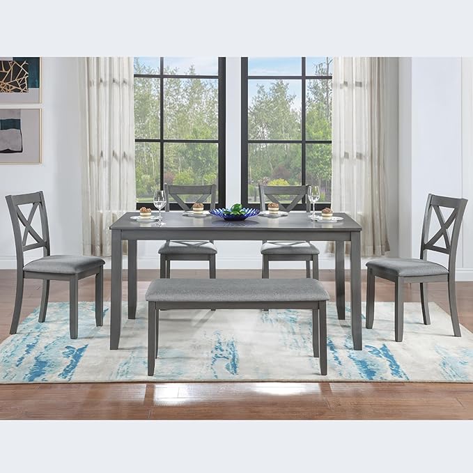soges 6 Piece Kitchen Dining Set, Rectangular Wooden Dining Table with 4 Upholstered Chairs and a Bench, Dining Table Set for 6 People, Living Room, Home Bar and Kitchen, Gray