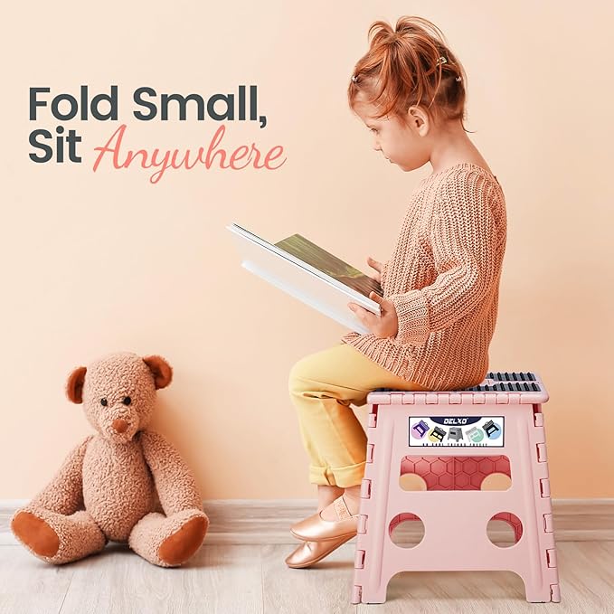 Delxo Folding Step Stool 13 Inch,Non-Slip Foldable Stools for Up to 300 LBS,Kitchen Collapsible Fold Up Stepping Stool with Dotted 1 Pack,Pink