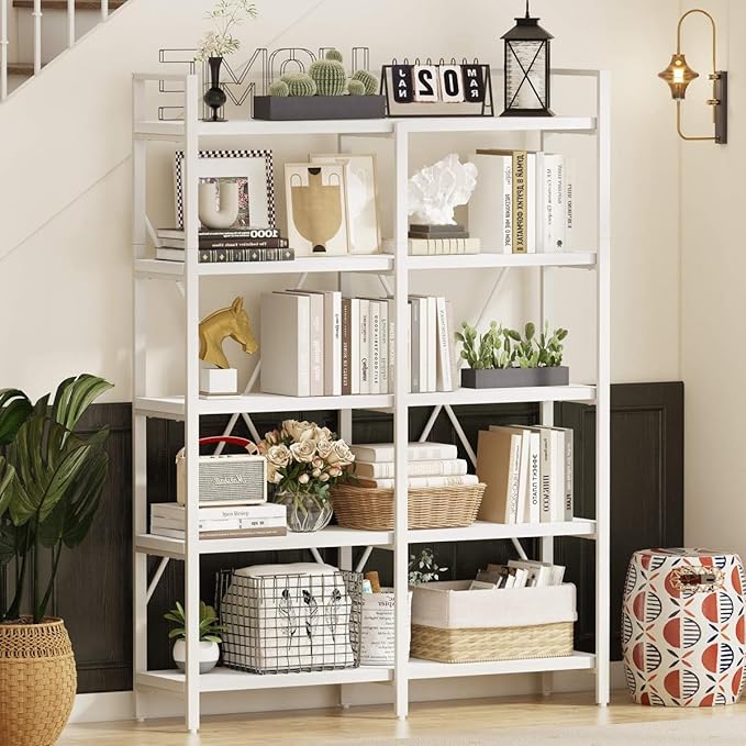 FATORRI Bookshelves and Bookcases, 5 Tier Tall Wood Metal Bookshelf, 51in Wide Bookcase Modern Shelving Unite for Home Office, Living Room, Bedroom (White Oak)