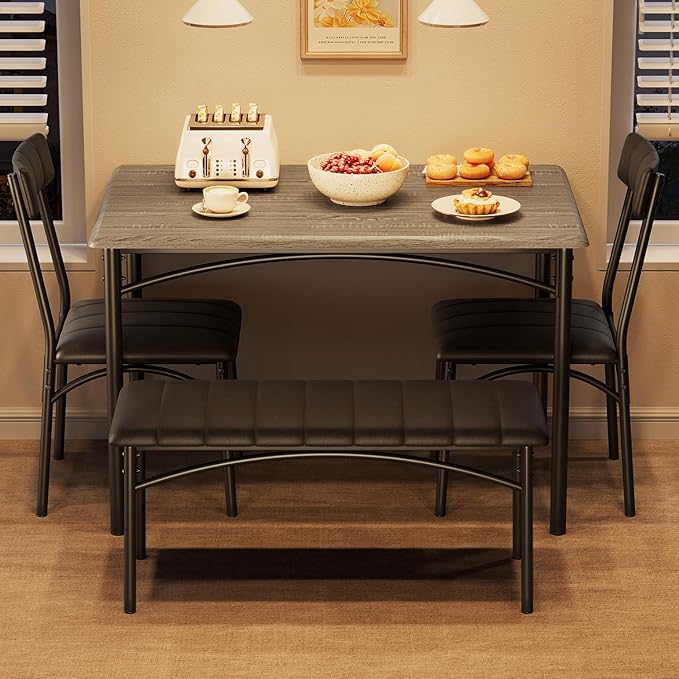 GarveeHome Dining Table Set for 4, Kitchen Table with Upholstered Chairs and Bench, Wood Rectangular Dining Table and Chairs Set for Small Space, Apartment, Dinner, Rustic Gray