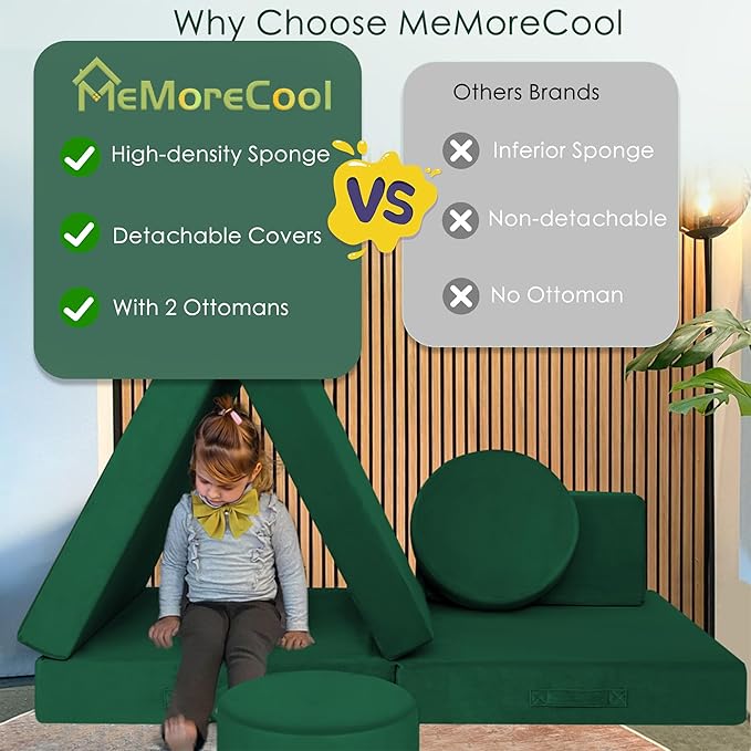 MeMoreCool 8-Piece Modular Kids Play Couch – Green Convertible Foam Toddler Sofa for Playroom, Fold-Out Baby Couch Play Set