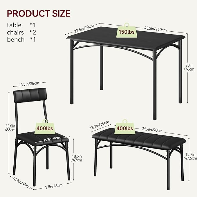 GAOMON Dining Table Set for 4 with Upholstered Bench and 2 Chairs, Rectangular Dining Room Table Set for 4 for Small Space, Apartment, Dinner, Rustic Black