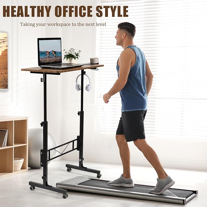 SIDUCAL Standing Desk Adjustable Height, Small Mobile Stand Up Desk with Wheels, Portable Computer Desk for Walking Pad, Rolling Table for Home Office Classroom, Rustic Brown