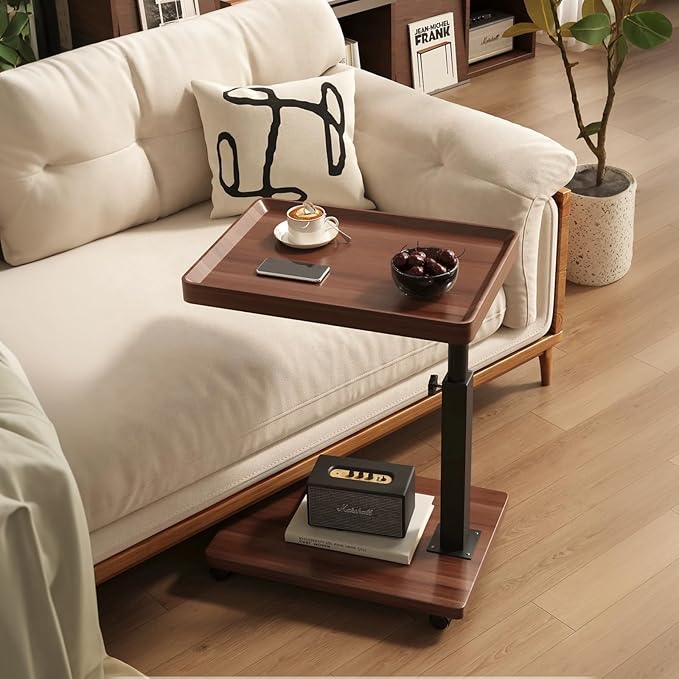 C Table End Table Adjustable Height, 360°Swivel TV Tray Table for Small Spaces, Couch Tables That Slide Under, C Shaped Side Tables with Wheels for Living Room and Bedroom, Bed