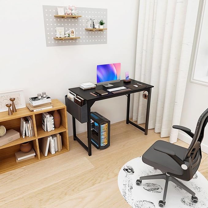 40 Inch Desk Office with Storage, Modern Simple Style Gaming Computer Table for Youth Student Adult, Metal and Wood Home Office Furniture, Black