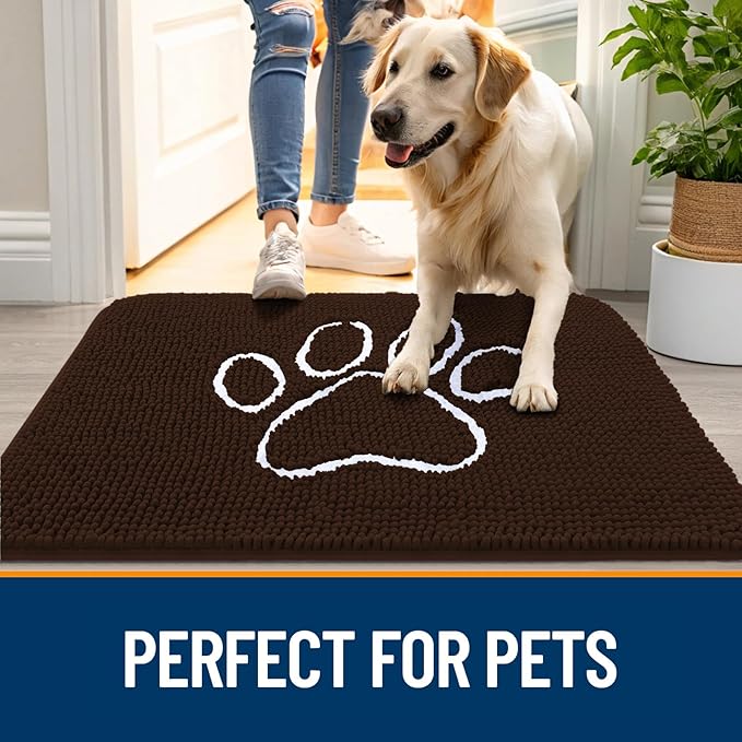 OLANLY Door Mat for Muddy Dog Paws 70x24, Ultra Absorbent Chenille Mud Doormat with Paw Print Design, Non-Slip Washable Doormat for Indoor Entryway, Quick-Dry Pet Bed Mats for Dirty Dogs, Brown