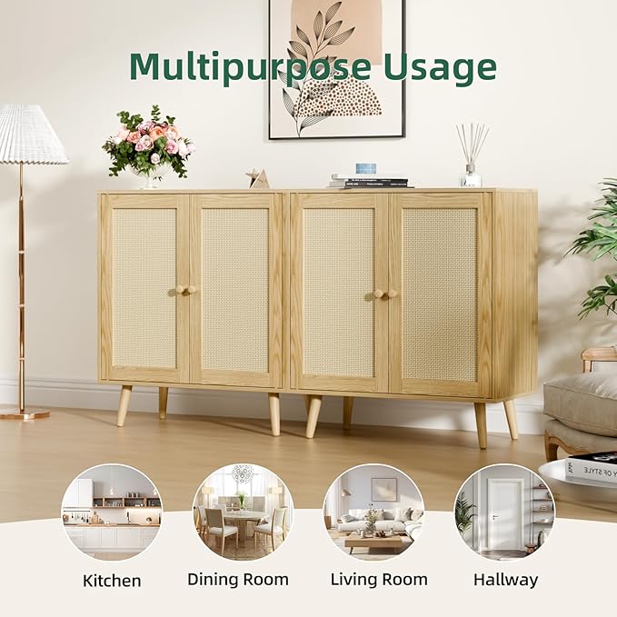 Set of 2 Rattan Sideboard Buffet Cabinets, Stylish Accent Cabinets with Adjustable Shelves & Doors, Ideal for Kitchen & Entryway Storage, Wood Oak