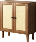 Bamboo Sideboard Buffet Cabinet with Rattan 2 Doors Kitchen Cupboard Accent Entryway Living Room Cabinet Chestnut Brown