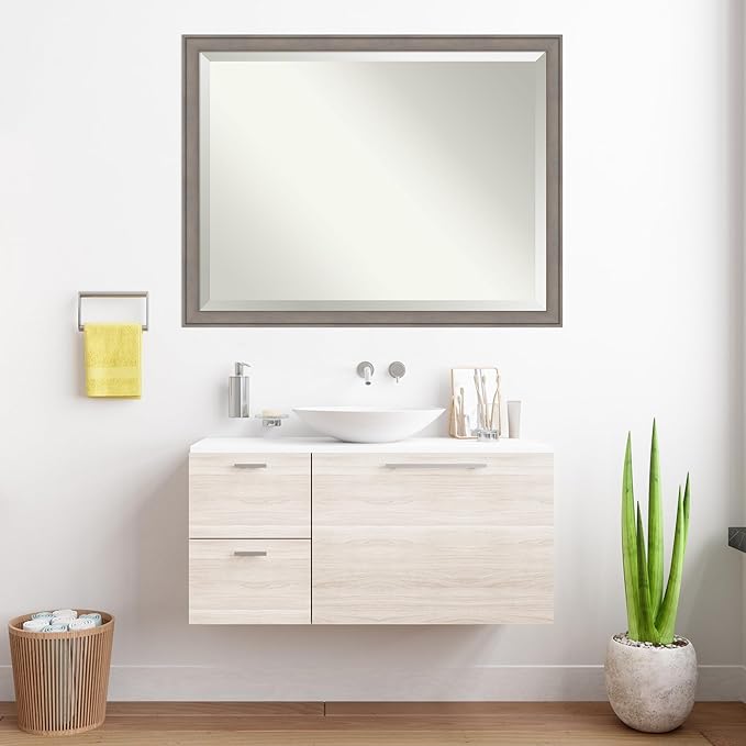 Amanti Art Grey Wall Mirror 34x44 Greywash Rectangle Bathroom Mirror for Wall Decor Living Room, X-Large Country Rustic Wood Frame, Hangs Horizonally and Vertically, Bathroom Decor, Beveled Edge