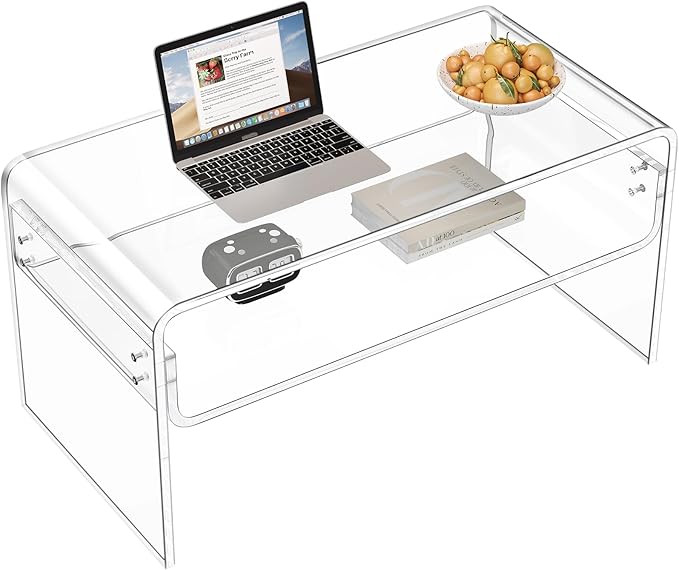 Acrylic Coffee Table, Clear Rectangle Side Table Furniture, Modern Tea Table With Open Storage, End Table for Living Room, Office Reception and Bedroom