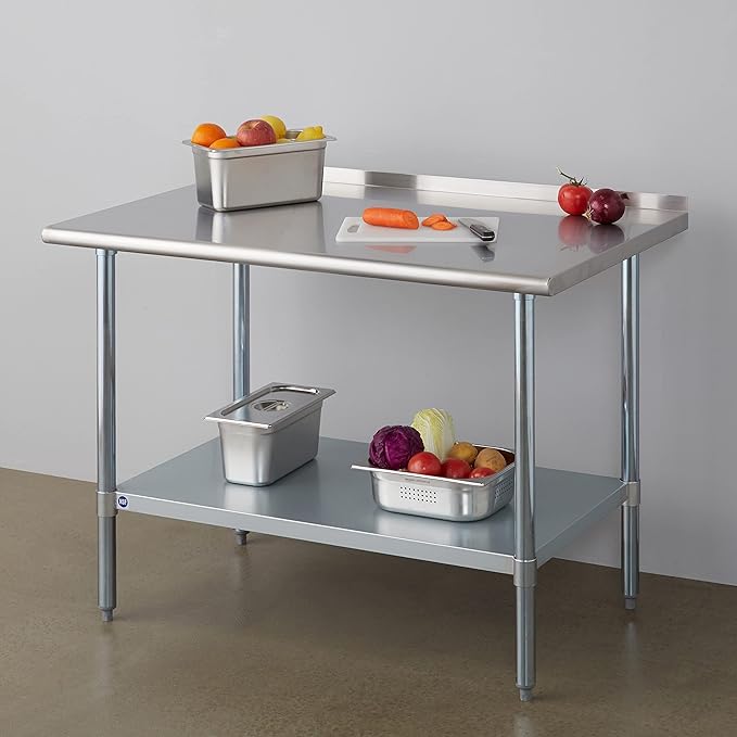 ROCKPOINT Stainless Steel Table for Prep & Work with Backsplash 30x48 Inches, NSF Metal Commercial Kitchen Heavy Duty Table with Adjustable Under Shelf and Table Foot for Restaurant, Home and Hotel