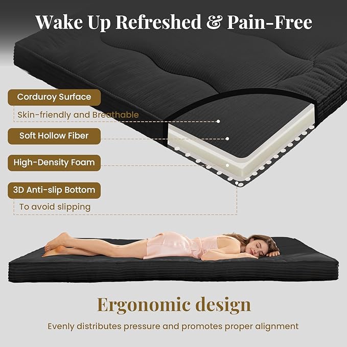 Japanese Floor Mattress, 4" Thicken Futon Mattress Queen Size Sleeping Pad, Corduroy Foldable Floor Pad, Roll Up Tatami Mat for Adults Guest Room Bedroom, Black