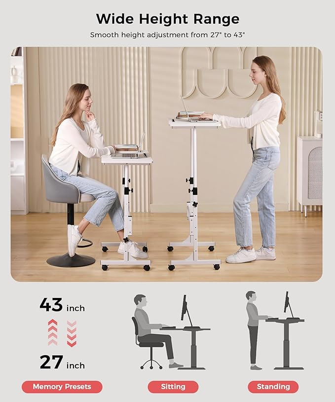 KLSMYHOKI Standing Desk Adjustable Height, Mobile Stand Up Desk with Wheels Small Computer Desk Rolling Desks, Portable Laptop Desk White Standing Table Home Office Desks 16"x31.5" Height 27"-43.5"