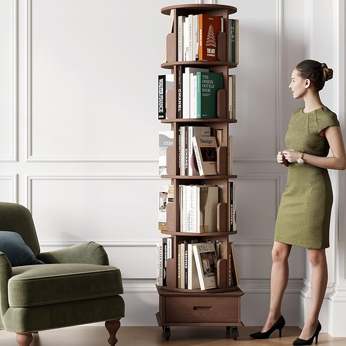 Solid Wood Rotating Bookshelf Tower on Wheels, 5-Tier Spinning Bookcase with Drawer, 72" Floor Standing Revolving Bookshelf, Rotating Bookcase for Small Space, Walnut