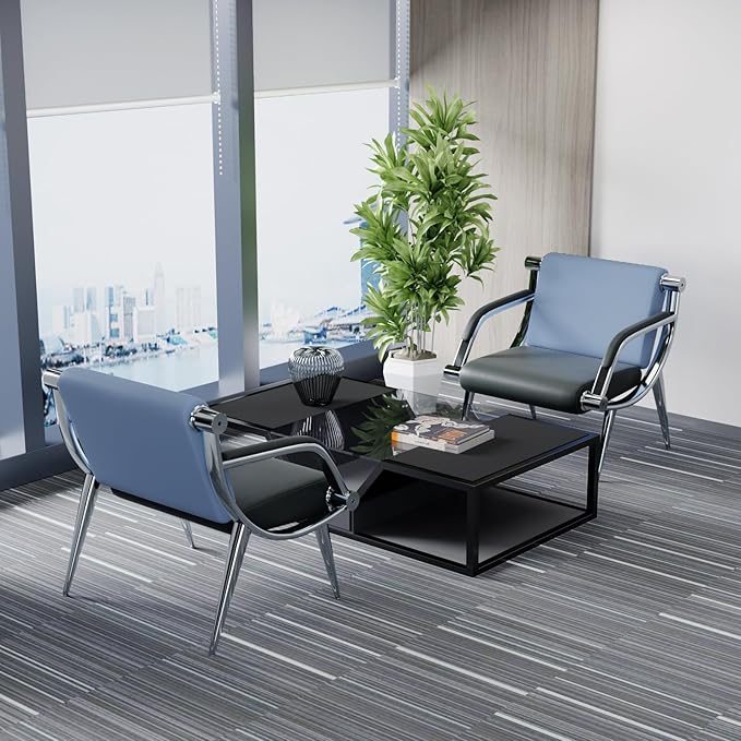 wonline 2Pcs Waiting Room Chair with Armrest PU Leather Office Furniture, Office Guest Seating Lobby Conference Reception Chairs for Airport Clinic Hospital Bank Salon Barber(Blue&Black)