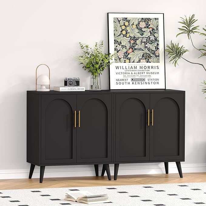 Rovaurx Set of 2 Storage Cabinet with 4 Doors, Accent Bathroom Floor Cabinet, Modern Sideboard Buffet Closet for Living Room, Entryway, Dining Room and Kitchen, Black BMGZ108B02