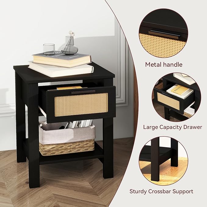 IBUYKE Rattan Nightstand Set of 2, Boho Night Stand with Drawer, Wood Bedside Tables with Storage Shelf, End Table with Legs for Bedroom, Black UWNS011B-2