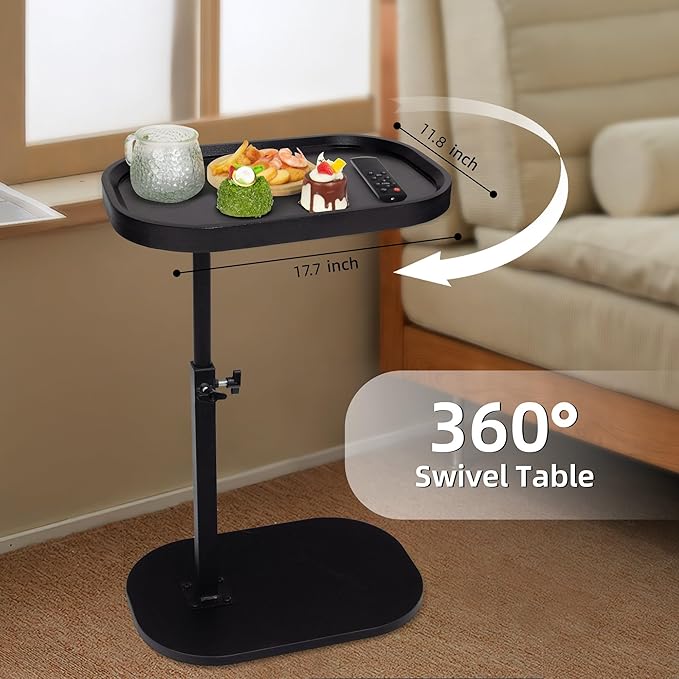 Aoligrace 360°Swivel C Shaped End Table, Adjustable Height TV Tray Table for Couch Sofa Bed, Black Small Side Table for Small Spaces Living Room Bedroom