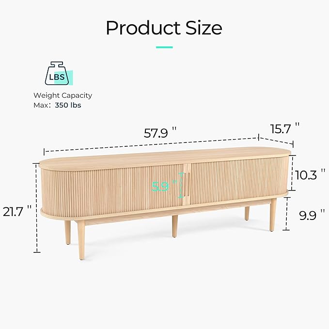 LINSY 58" Fluted TV Stand, Modern Entertainment Center for TVs Up to 65 inches, TV Console with Sliding Doors, Curved Profile Design, Media Console for Living Room, Light Wood