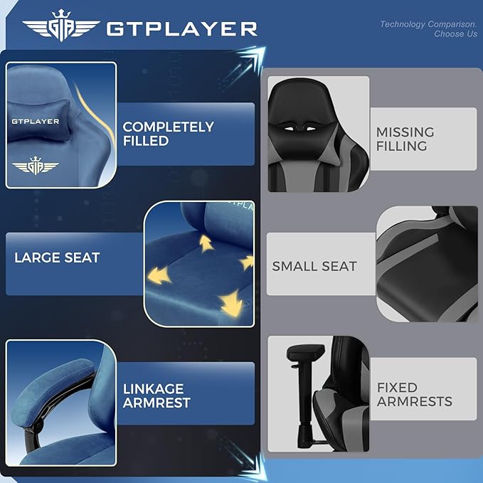 GTPLAYER Gaming Chair Fabric with Pocket Spring Cushion, Big and Tall Gamings Chairs 350LBS High Back Computer Chair with Footrest for Adults Lumbar Support Swivel Game Chair for Office Gaming Blue
