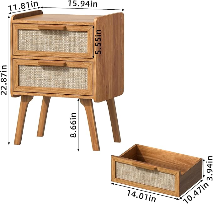 Lerliuo Rattan Nightstands Set of 2, Boho Night Stand with 2 Drawers, Cane Accent Side End Table, Bedside Table with Solid Wood Legs for Bedroom, Dorm and Small Spaces (Tea Brown)