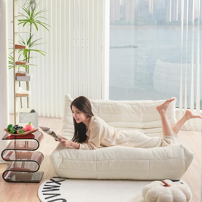 N&V Fireside Loveseat, Mid Century Armless Twin Size Floor Sofa, Soft Premium Corduroy Floor Lounge Chair, Foam Sofa Accent Chair for Living Room Bedroom and Office, Ivory, Full