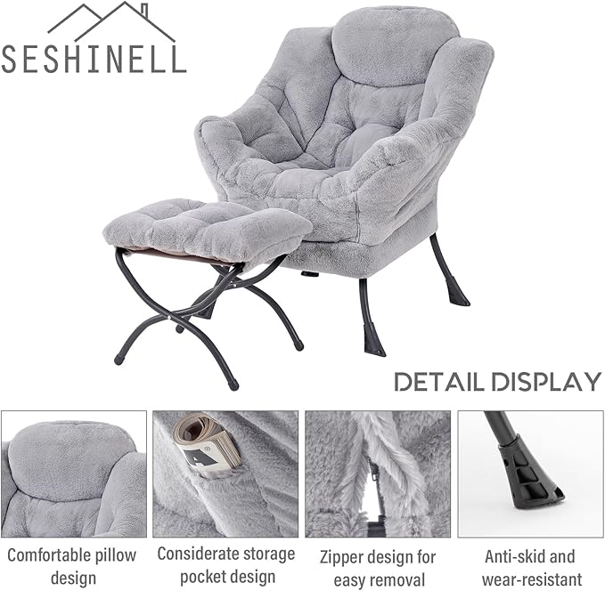 Lazy Chair with Ottoman, Modern Accent Lounge Leisure Sofa with Armrests, Reading Chair and Folding Footstool for Living Room, Bedroom, Office, Plush Grey