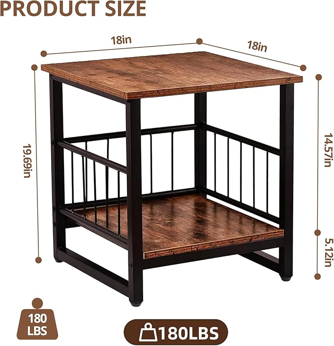 Industrial Night Stand, 18” Square Side Table with Open Storage Shelf, Bedside End Table for Bedroom, Heavy Duty Stand for Mini Fridge for Dorm, Kitchen Room, Rustic Brown