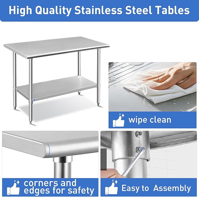ROCKPOINT Stainless Steel Table for Prep & Work 14x60 Inches, NSF Metal Commercial Kitchen Heavy Duty Table with Adjustable Under Shelf and Table Foot for Restaurant, Home and Hotel